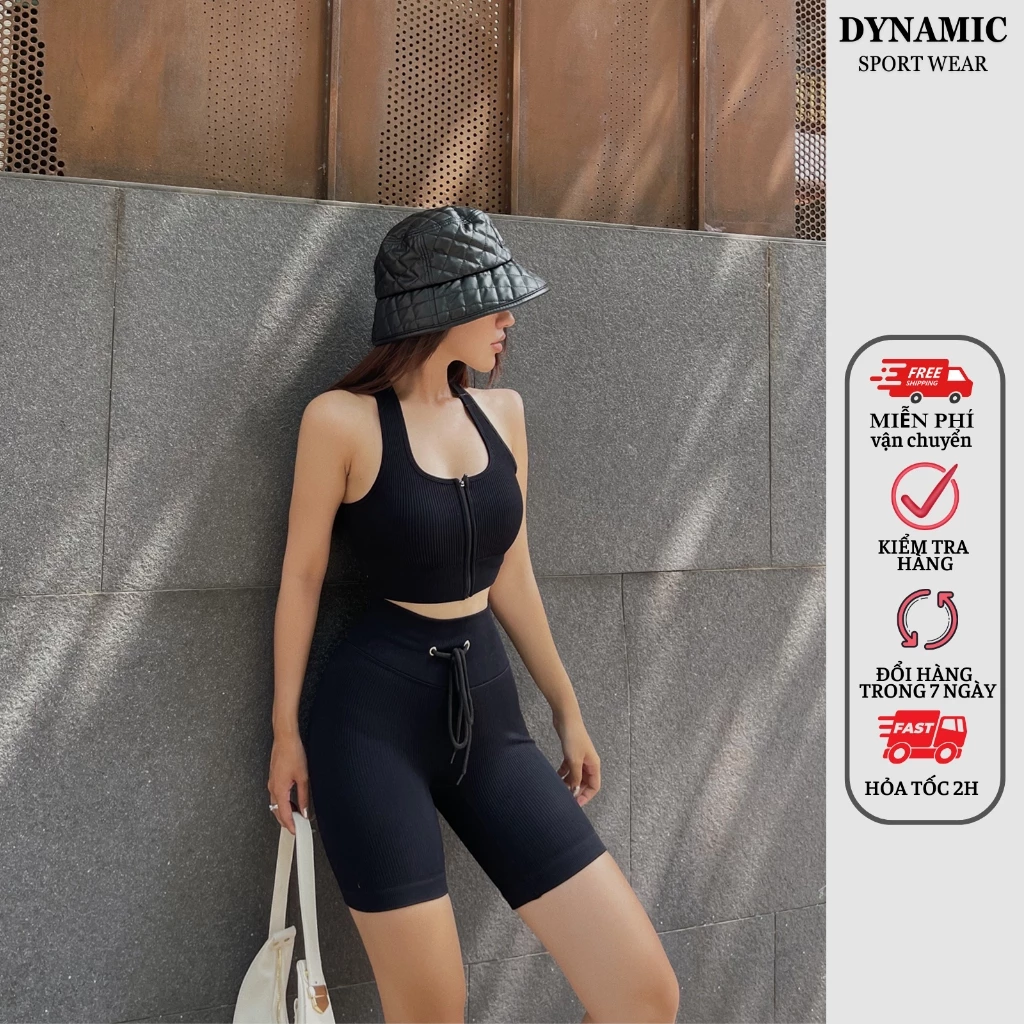 Set gồm quần đùi và bra thể thao nữ, vải có gân co giãn, có khóa kéo trước ngực, dệt kim từ sợi tổng hợp SHBR-BIKER