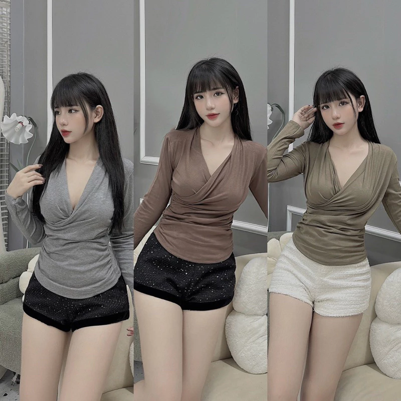 Áo thun cổ chéo chiết eo dài tay, Áo kiểu chéo cổ sexxy AT1105 - NhiNhi Shop