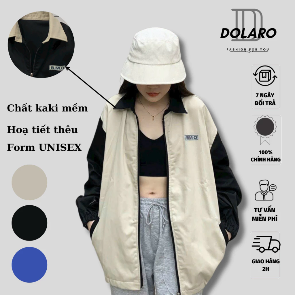 Áo khoác bomber nam nữ DOLARO chất kaki mềm cổ bẻ thêu chữ bmo, form rộng unisex nhiều màu hợp thời trang
