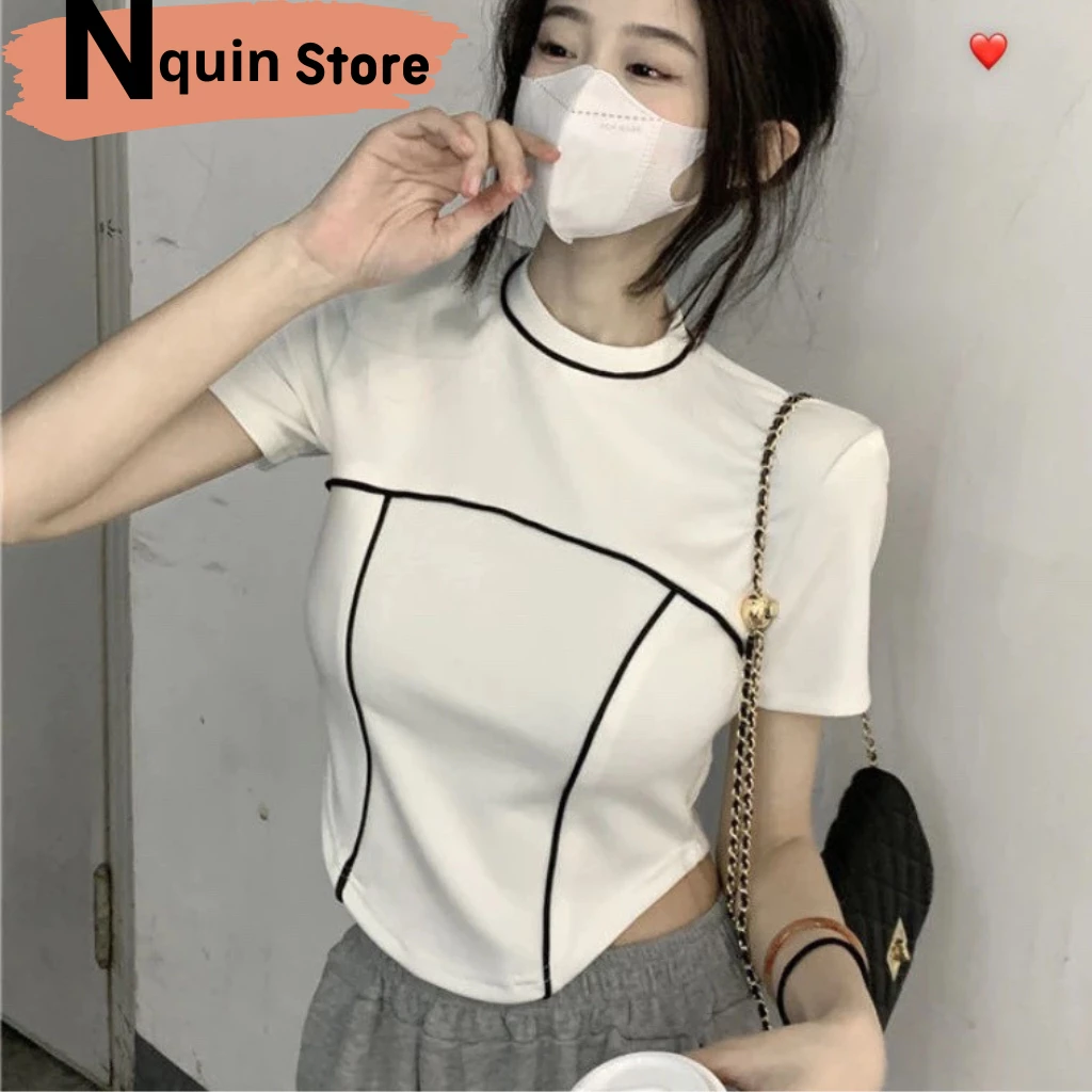 Áo croptop nữ tay ngắn cổ tròn,áo được thiết kế ôm body phối viền sọc cá tính xinh đẹp Nquin Store