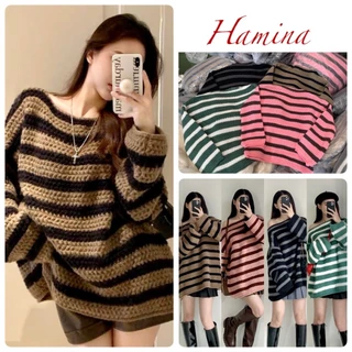 Áo Len Trễ Vai Kẻ Ngang Hamina, Áo Pullover Len Móc Dáng Rộng Hàn Quốc