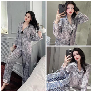 pijama lụa xước Quảng Châu cao cấp tay dài LEI xám ghi  (size M - L)