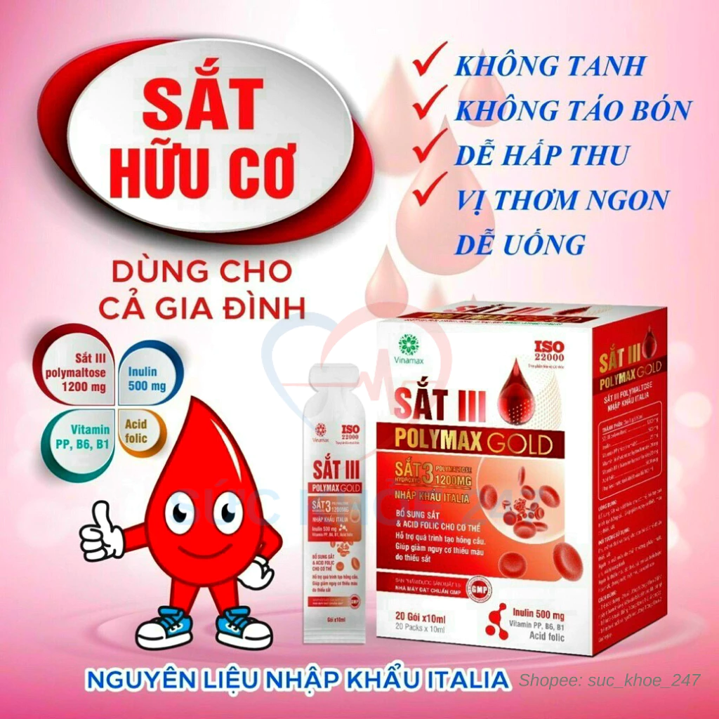 Sắt III POLYMAX GOLD 20 Gói/Hộp - Bổ Sung Sắt, Acid Folic Hỗ Trợ Quá Trình Tạo Máu Của Cơ Thể