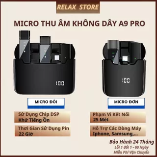 Micro thu âm mic không dây điện thoại cài áo khử nhiễu chống ồn nhỏ gọn A9 Pro hỗ trợ livestream, quay video, quay vlog