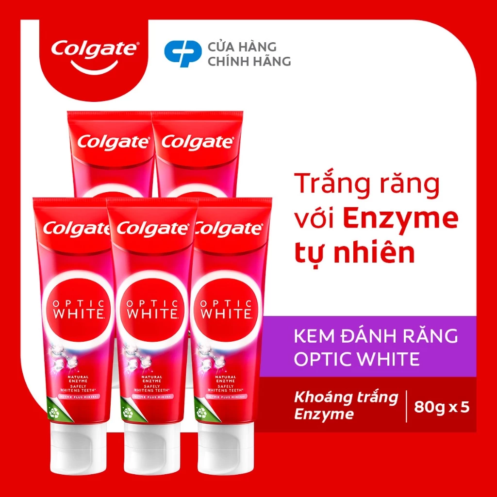 Bộ 5 Kem Đánh Răng Colgate trắng răng Optic White hương đào từ enzyme tự nhiên 80g