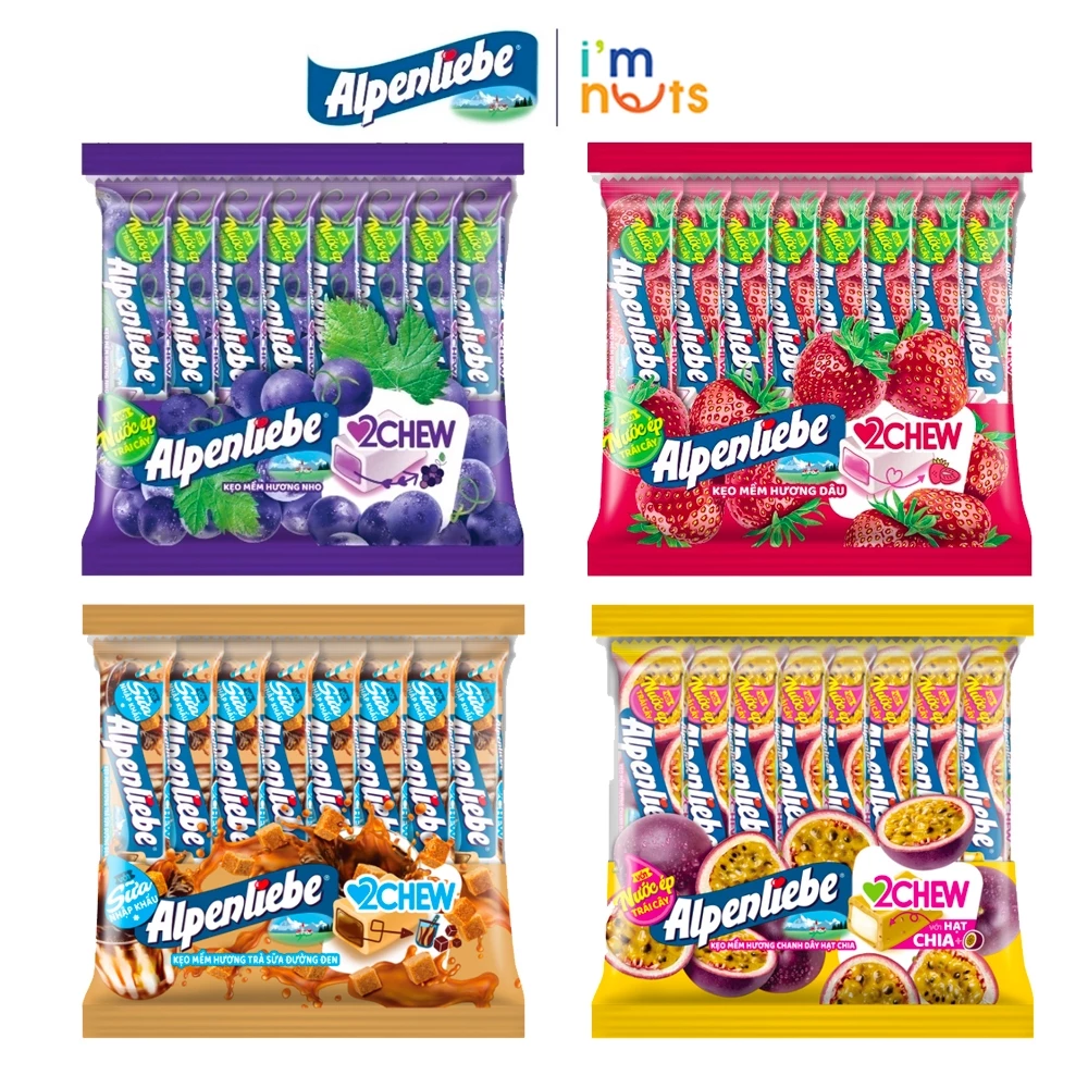 Kẹo mềm Alpenliebe 2Chew đủ vị dạng thỏi (Túi 16 thỏi) - Hương Dâu, Nho, Chanh dây hạt chia, Trà sữa đường đen