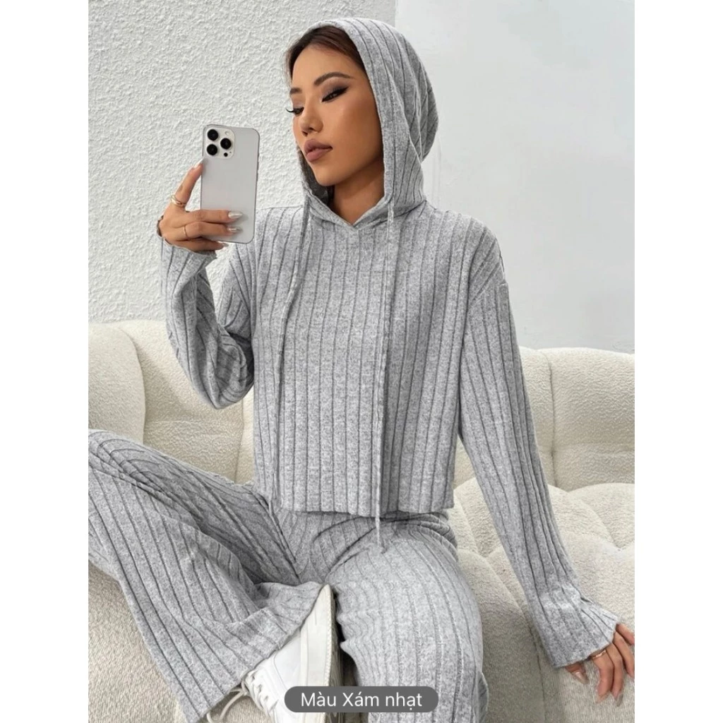 ( ORDER SHEIN ) LONLY SET - Set áo tay dài hoodie quần dài thun tăm sọc dọc thể thao Y2K