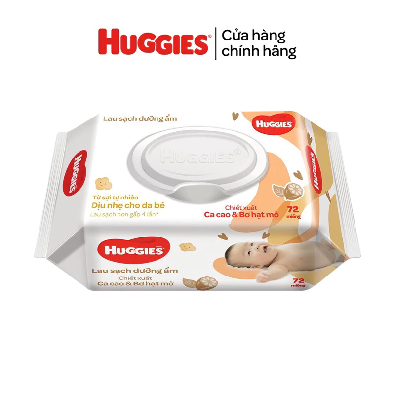 [ Thùng 12 gói] Khăn ướt Huggies chiết xuất ca cao và bơ hạt mỡ 72 Tờ