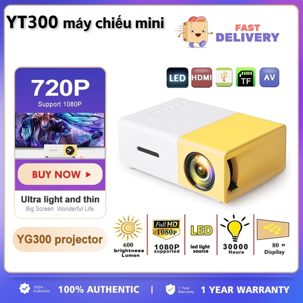 Máy chiếu mini YG300 1080P có thể dễ dàng kết nối với điện thoại di động, máy tính bảng, máy tính xách tay, iPhone và đi