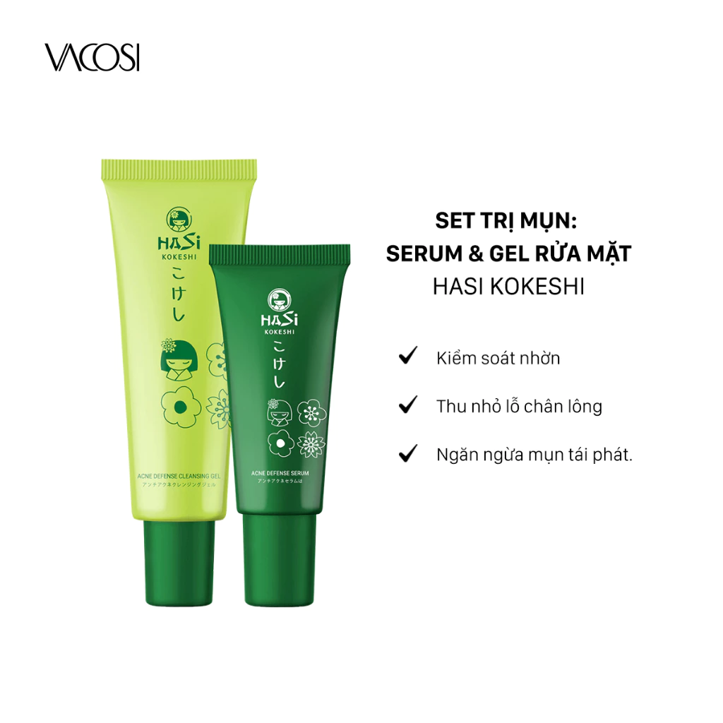 Set Hỗ Trợ Giảm Mụn Gồm Gel Rửa Mặt & Serum HASI KOKESHI PUREDOLL ANTI - ACNE SET 30ml x 10ml