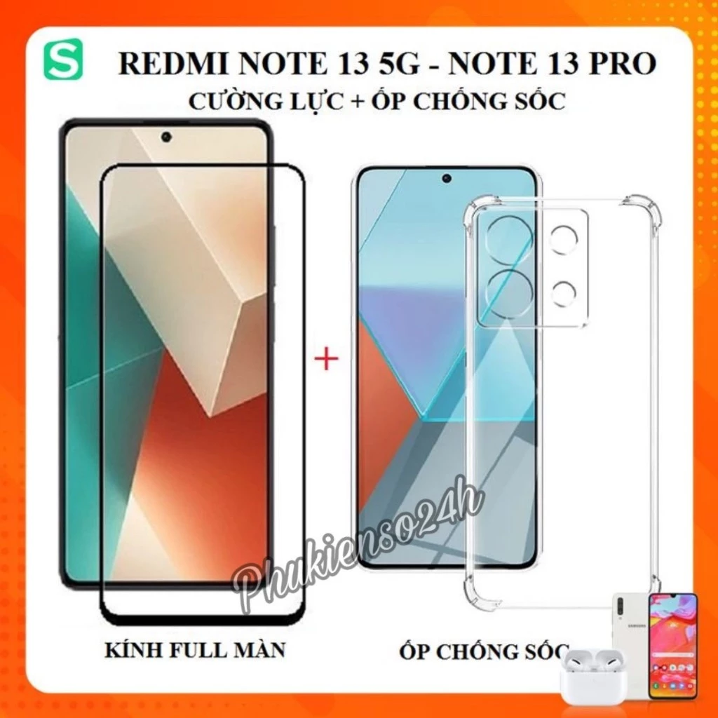 Kính Cường Lực Full Màn Hình Xiaomi Redmi Note 13 4G Note 13 5G Redmi Note 13 pro + Ốp dẻo trong suốt chống sốc 4 góc