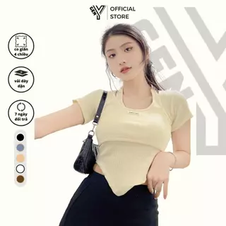 Áo croptop nữ ngắn tay cổ giả yếm phối xích GenY, Áo Kiểu Nữ ôm body vạt nhọn vải dày dặn -C10-