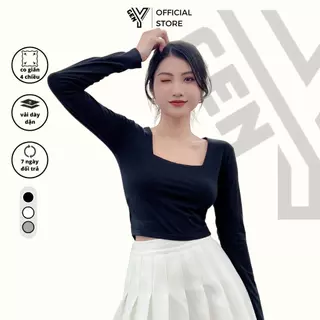 Áo croptop tay dài cổ vuông GenY, Áo kiểu nữ hai lớp vải dày dặn ôm body tôn dáng cực xinh -ADT6-