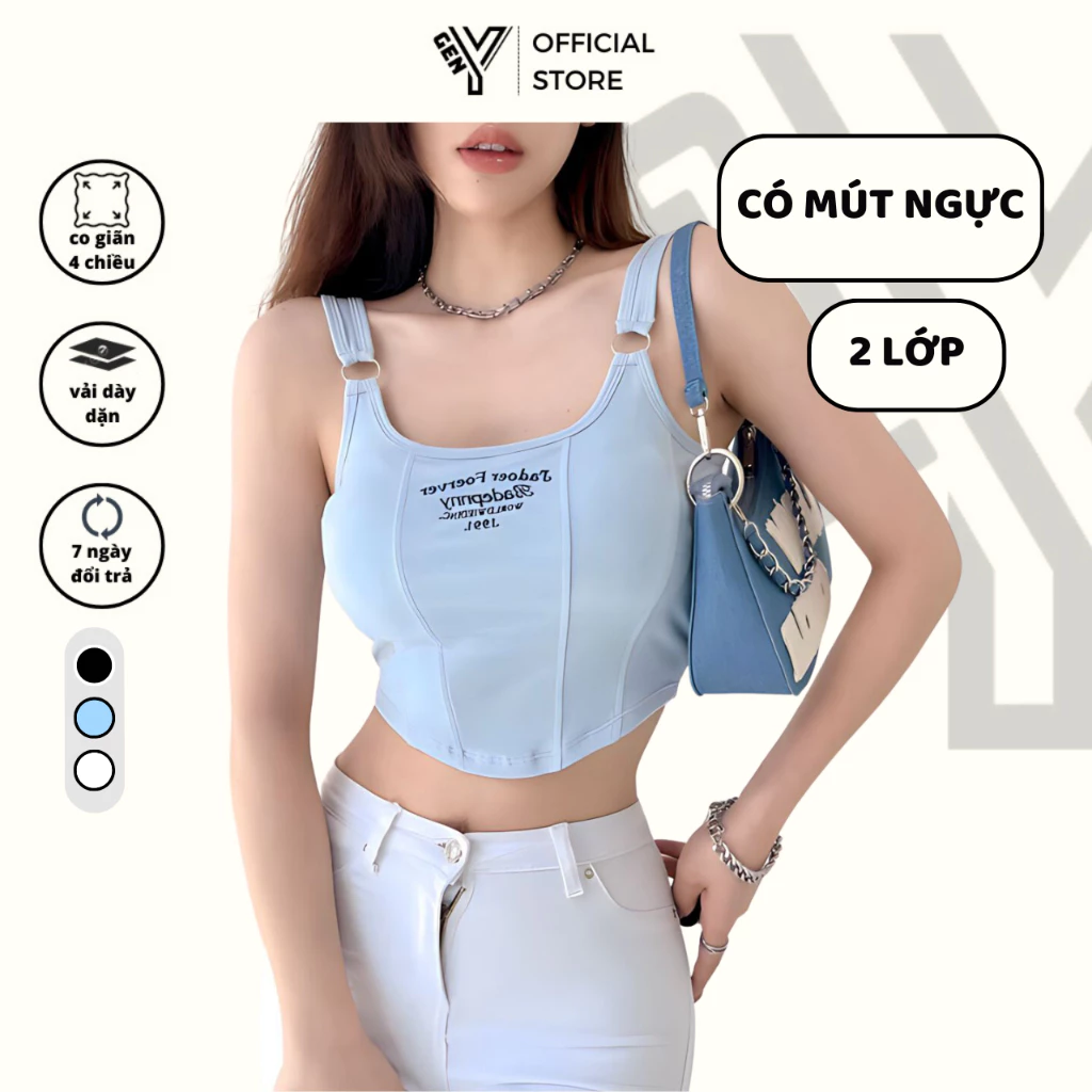 Áo hai dây có mút ngực GenY dáng áo croptop ôm body dây phối khoen vạt bầu thêu chữ may 2 lớp 2D9