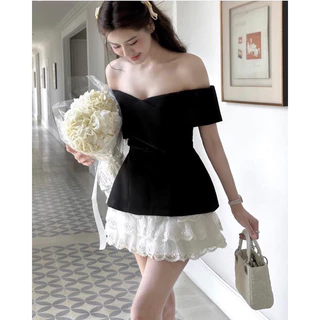 Set đồ nữ, sét áo kiểu peplum trễ vai màu đen mix chân váy ren tầng trắng sang chảnh đi chơi, dự tiệc