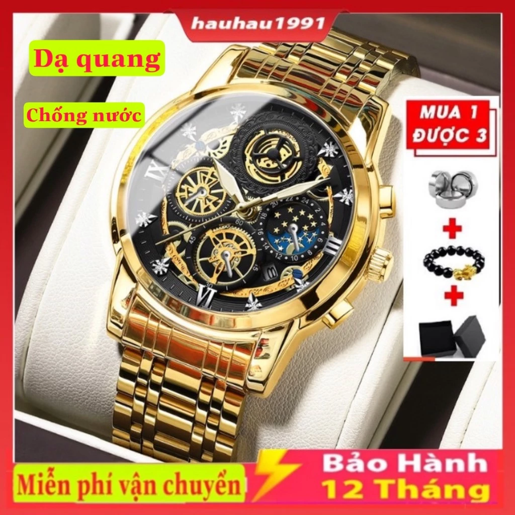 Đồng Hồ Nam FNGEEN F22 -i6 Dạ Quang Kim, máy pin mặt tròn có lịch ngày, TẶNG KÈM PIN XỊN, VÒNG TỲ HƯU TÀI LỘC