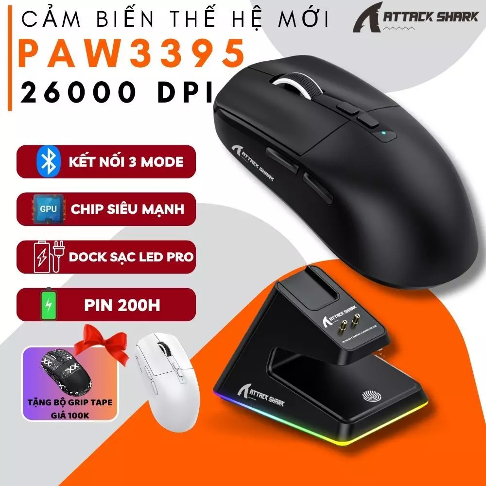 Chuột Bluetooth Không Dây Attack Shark X6 3 Mode, Siêu Chip PAW3395 Cực Mạnh, 26000DPI, Dock Sạc LED