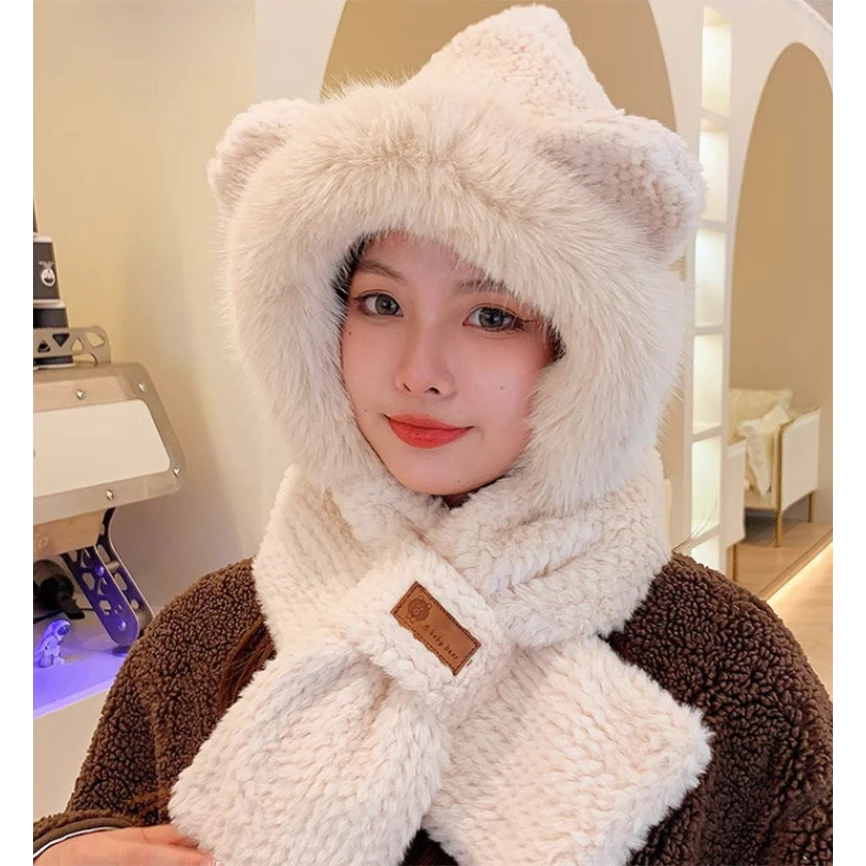 Mũ lông cừu nữ len tai gấu giữ ấm mùa đông 2 trong 1(set 2 chi tiết khăn ,mũ) nón len nữ tai mèo kèm khăn quàng cổ