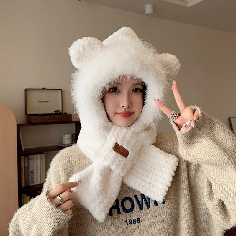 Mũ lông cừu nữ len tai gấu giữ ấm mùa đông nón len nữ tai mèo kèm khăn quàng cổ 2 trong 1(set 2 chi tiết khăn ,mũ)