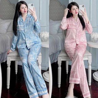 Bộ ngủ lụa xước ánh kim xanh hồng cây dừa - Pijama tay dài quần dài