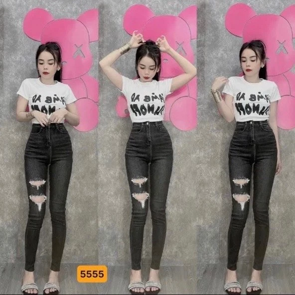 Quần jean nữ co giãn, quần bò nữ rách màu xanh rách 9 tấc dáng ôm body cạp cao nhiều mẫu Bi_shop 173 ms29