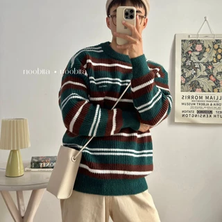NOOBITA - Sweater len thu đông kẻ sọc xanh rêu vintage 8064