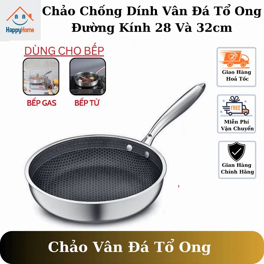 Chảo chống dính vân đá tổ ong chất liệu inox 304 cao cấp, chảo đá chống dính dùng được cho mọi loại bếp size 28 và 32cm