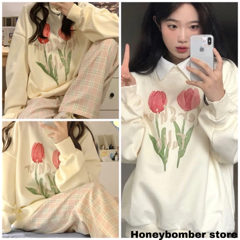 Áo Nỉ Sweater Be Hoa Tulip [FREESHIP]🌸 Áo Sweater Nỉ Nữ Form Rộng Ulzzang🌸