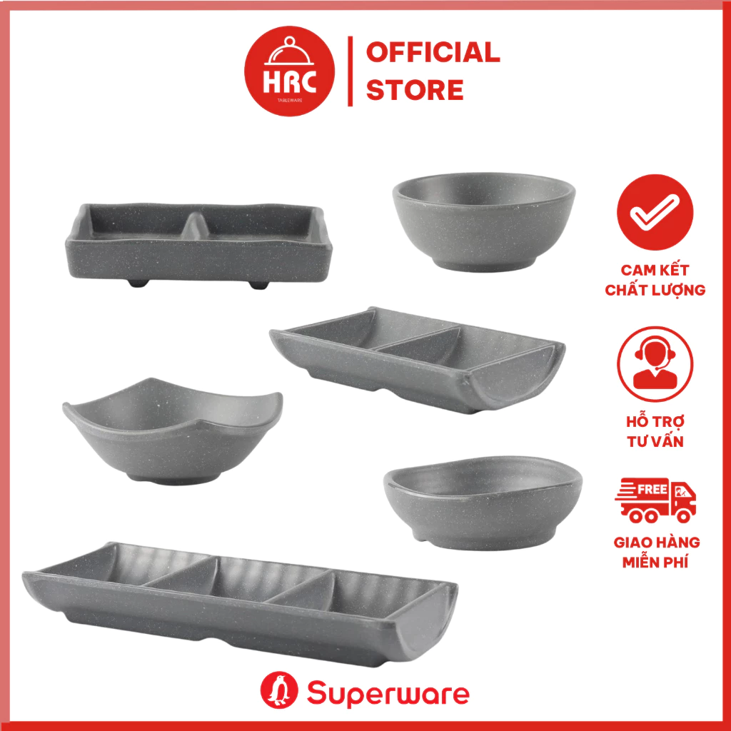 Bộ Chén Chấm Đĩa Gia Vị 2 Ngăn Nhà Hàng Melamine Srithai Superware Màu Dark Gray