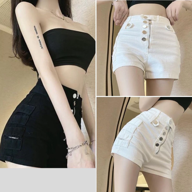 Quần đùi short jean kaki co dãn phối nút, Quần đùi nữ, quần đùi nữ kaki co dãn phối khóa màu đen trắng