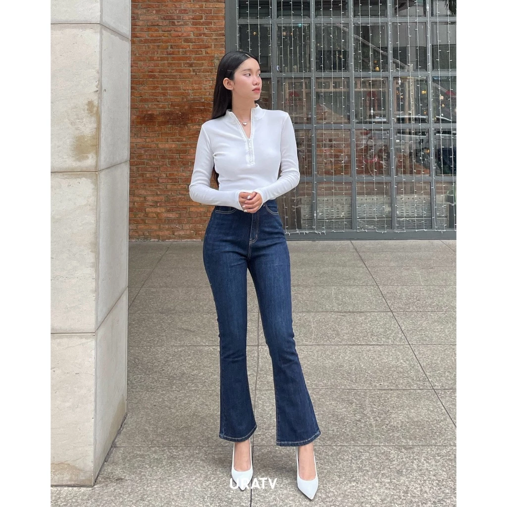 Quần jeans loe ngố lưng cao line thường