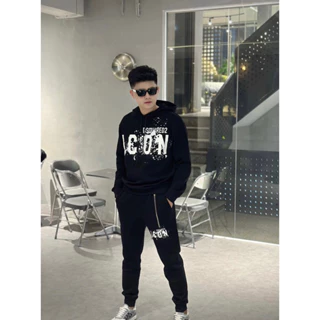 Bộ Đồ Nam Thu Đông Dsq2 Nỉ Gai Áo Mũ Hoodie In Chữ ICON Vảy Sơn Loang Ngực Phối Khoá Chéo Đùi Hàng Chuẩn Cực Dày DặN