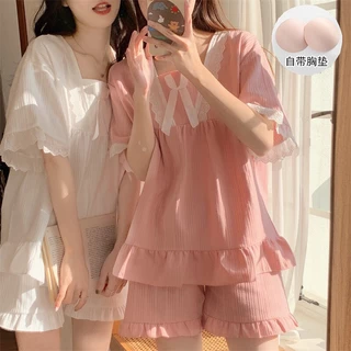 Đồ Bộ Pijama Nữ Họa tiết kẻ caro phối bèo ren cộc đùi Freesize từ 40-58kg