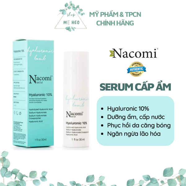 Serum HA 10% cấp nước dưỡng ẩm Nacomi Hyaluronic cho da căng bóng mềm mượt 30ml