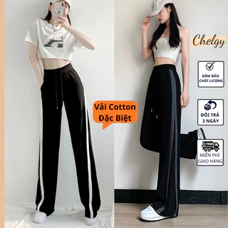 Quần ống rộng nữ Chelgy thể thao 2 sọc, quần dài nữ ống suông cạp chun cao có dây rút unisex CG-TR101