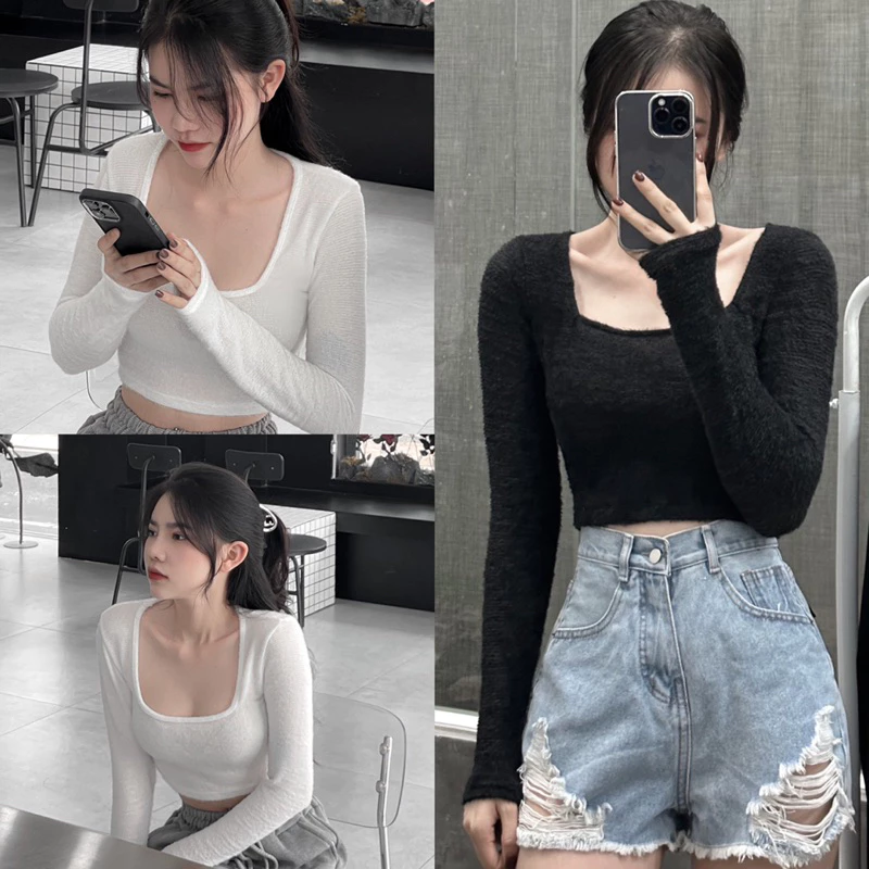 Áo Croptop Tay Dài Cổ Vuông Chất Liệu Lông Mịn Màng YUMI BÁN SỈ