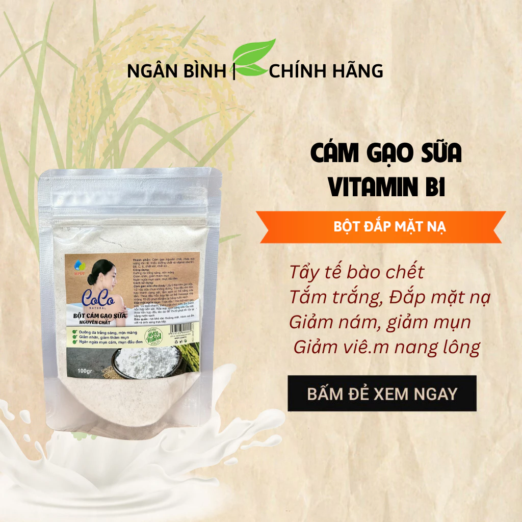 Bột Cám Gạo Sữa Nguyên Chất 100% CoCo Dưỡng Trắng Giảm Mụn Mềm Mịn Da Gói 100gr