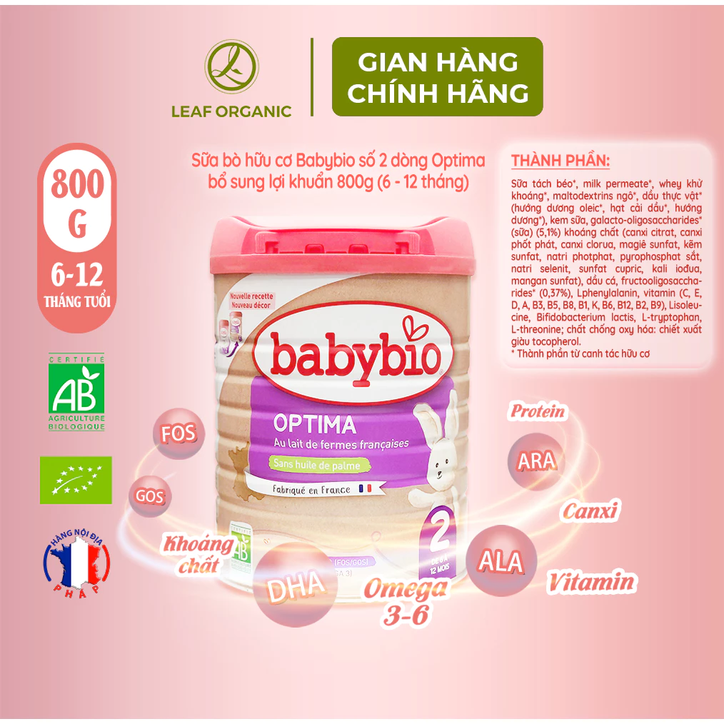 Sữa bò hữu cơ Babybio số 2 dòng Optima bổ sung lợi khuẩn 800g (6 - 12 tháng)