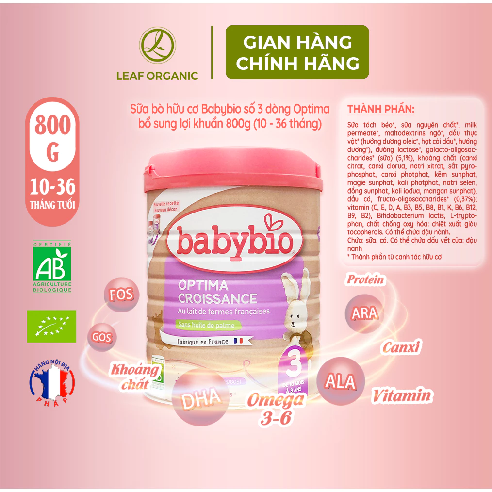 Sữa bò hữu cơ tăng trưởng Babybio số 3 dòng Optima bổ sung lợi khuẩn 800g (10 - 36 tháng)