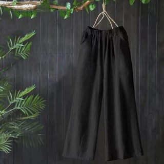 Quần Ống Rộng Dáng Dài Chất Liệu Đũi Xước Chất Mát culottes đũi dáng dài quần ống rộng lưng chun sau Q9T