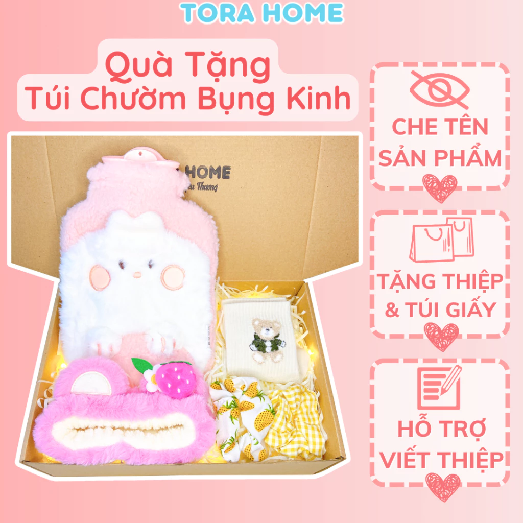 Quà tặng sinh nhật cho nữ túi chườm nóng đau bụng kinh nguyệt 1000ml bọc lông mềm mịn có ngăn sưởi ấm tay Tora Home