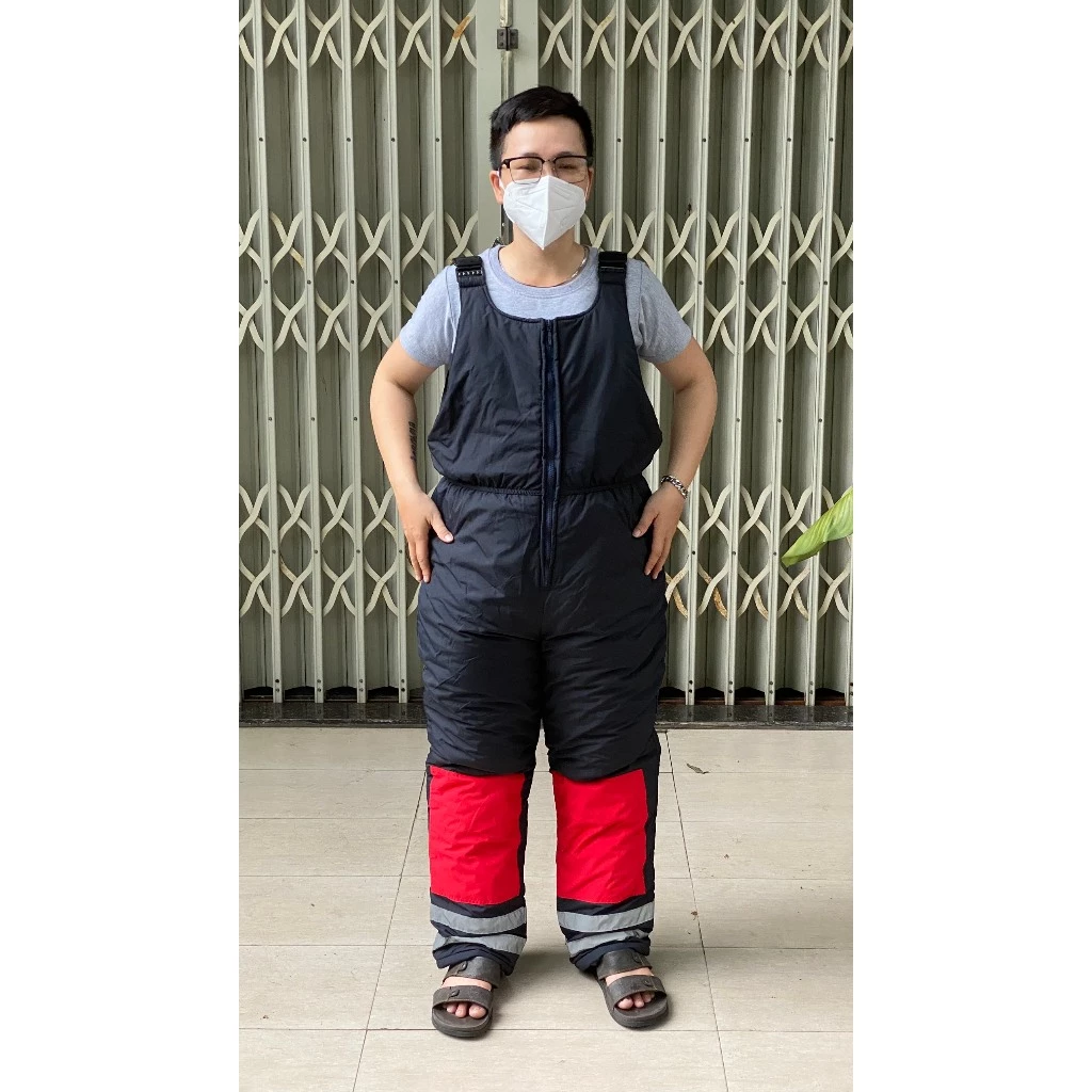 Áo khoác kho lạnh liền quần cộc tay dây kéo xanh đen