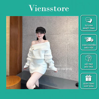 Đầm body len trễ vai phối nút, đầm body len lệch vai VIENS STORE