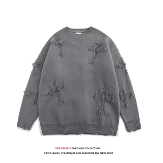 [ORDER]Áo len sweater cổ tròn dáng rộng thiết kế rách hình chữ thập thời trang năng động dành cho cả nam và nữ