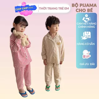 Pijama cho bé trai bé gái size 9kg-28kg hoạ tiết caro, đồ ngủ dài tay thu đông cho bé chất đũi xốp loại 1