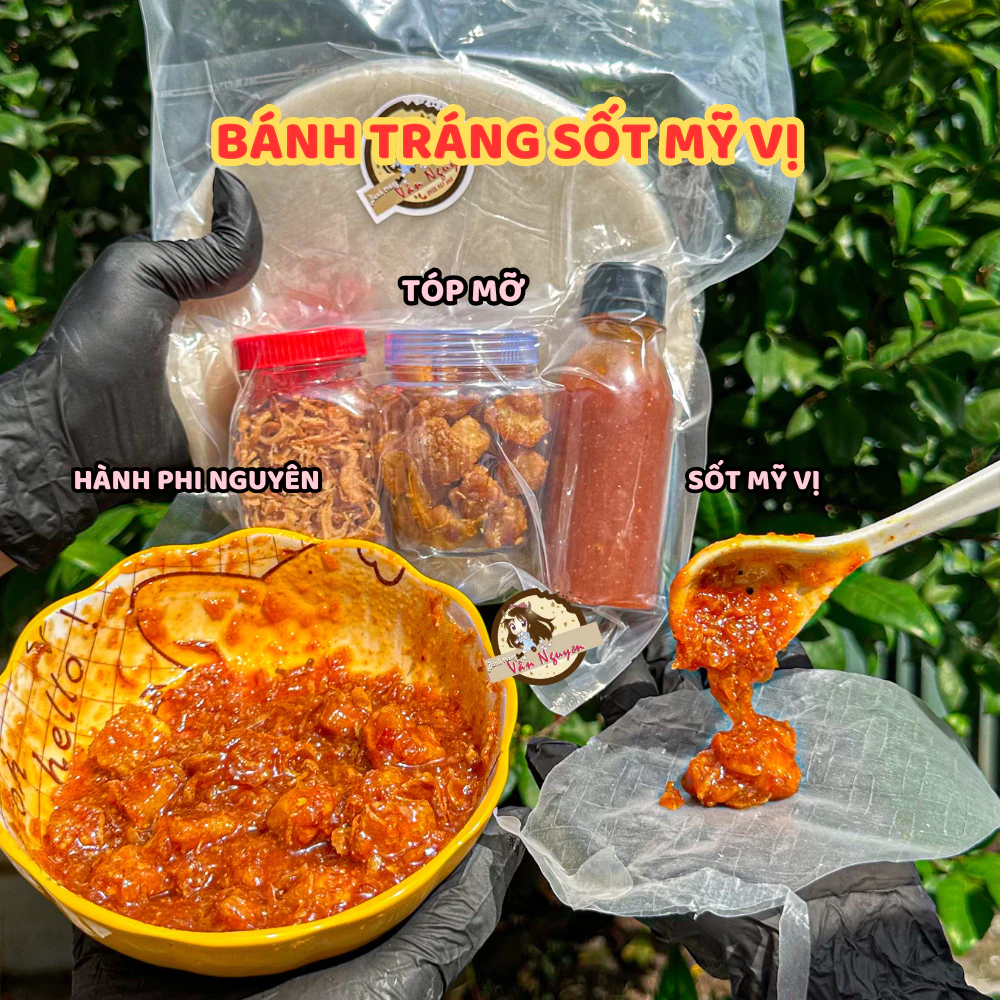 Combo sốt mỹ vị tóp mỡ bánh tráng phơi sương, sốt mỹ vị, tóp mỡ, hành phi. Bánh Tráng Vân Nguyễn ăn vặt
