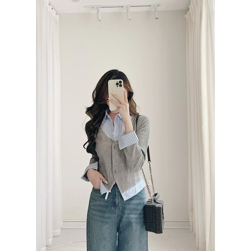 Áo sơ mi dài tay mix Cadigan liền Samhyewear Thời Trang Nữ