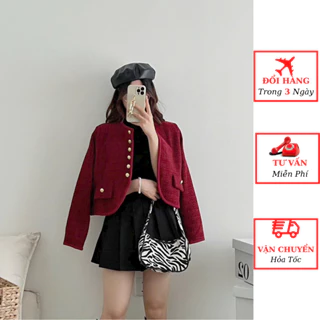 Áo khoác dạ tweed nhung nữ viền thừng túi hộp 2 lớp khuy đồng tiểu thư mùa đông