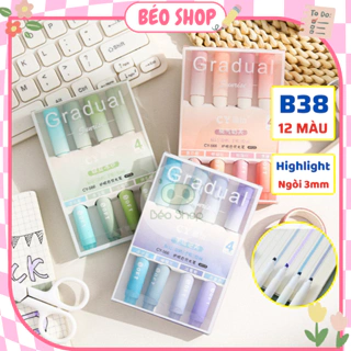 Set bút highlight dạ quang Pkbeoshop hộp 4 bút Gradual đánh dấu nhớ dòng nhiều màu vẽ graffiti B38