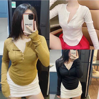 Áo thun gân tăm nút gài dài tay, Áo Croptop thun tăm dài tay nữ cúc bấm 3 màu Áo thun croptop cổ bẻ chất thun tăm